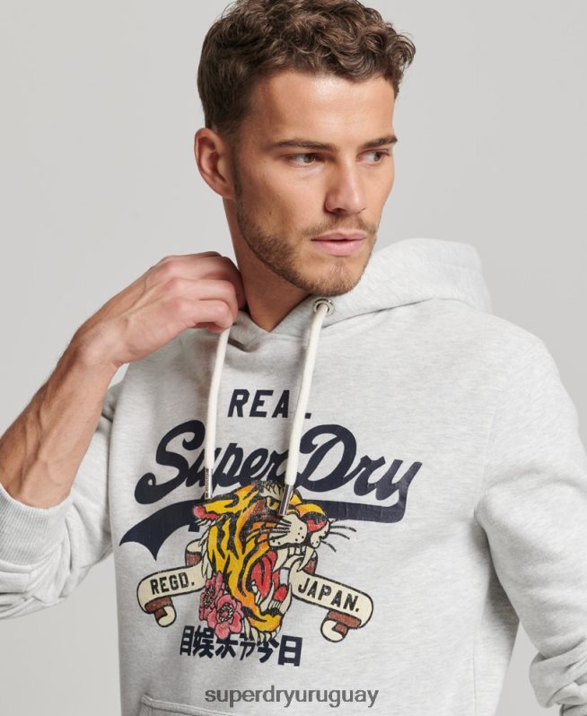 uy Superdry hombres sudadera con capucha y logo vintage gris claro DT2N8Z615 ropa