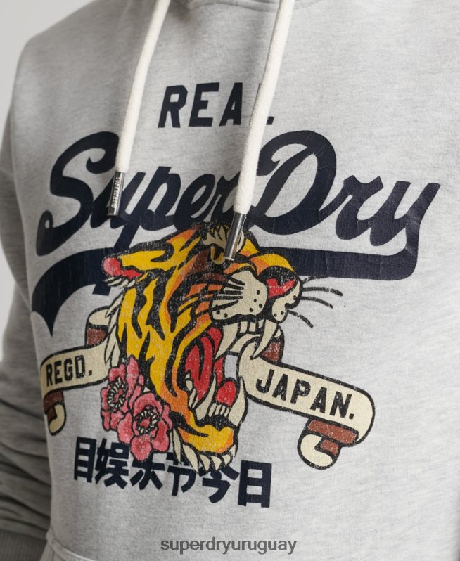 uy Superdry hombres sudadera con capucha y logo vintage gris claro DT2N8Z615 ropa