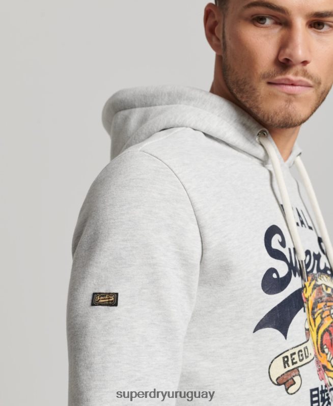 uy Superdry hombres sudadera con capucha y logo vintage gris claro DT2N8Z615 ropa