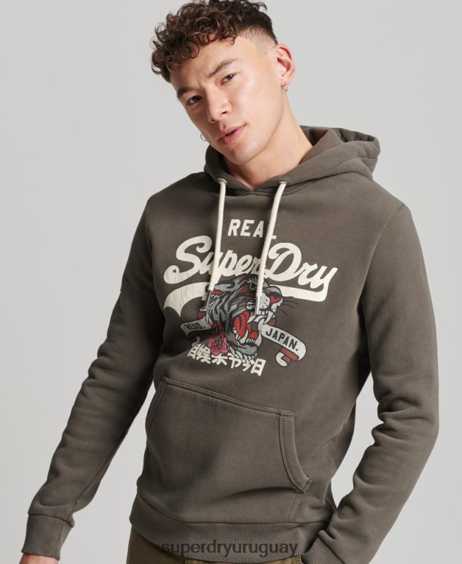 uy Superdry hombres sudadera con capucha y logo vintage gris oscuro DT2N8Z535 ropa