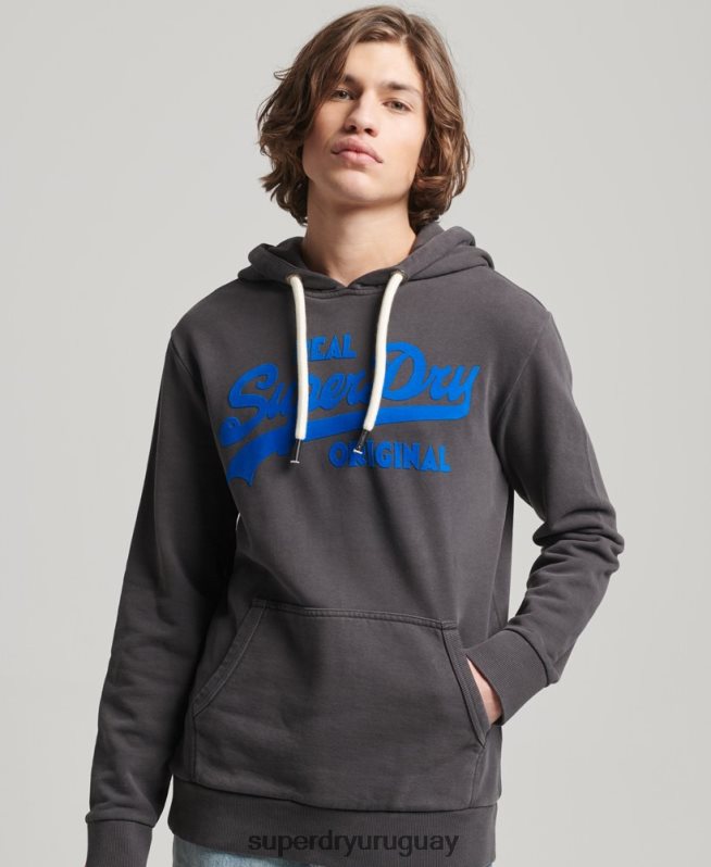 uy Superdry hombres sudadera con capucha y logo vintage gris oscuro DT2N8Z544 ropa