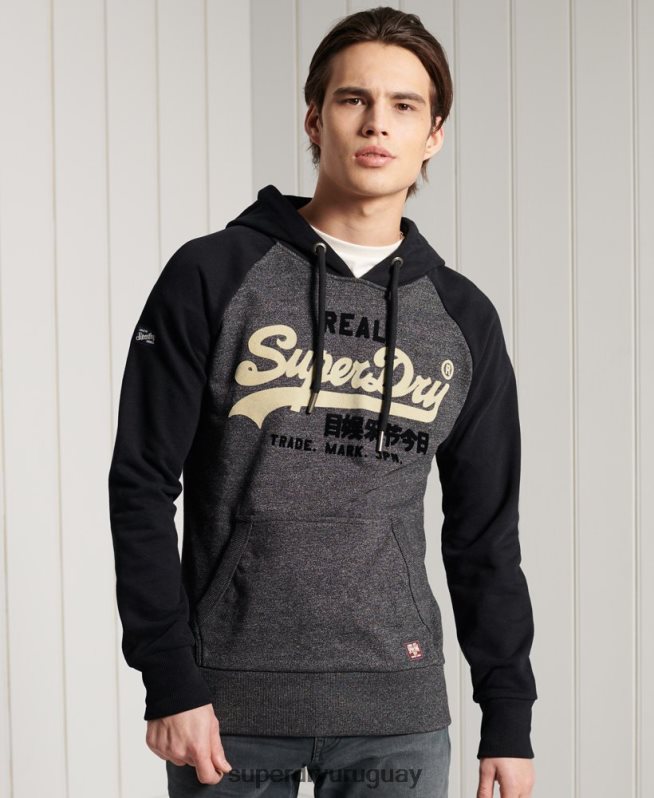 uy Superdry hombres sudadera con capucha y logo vintage gris oscuro DT2N8Z873 ropa