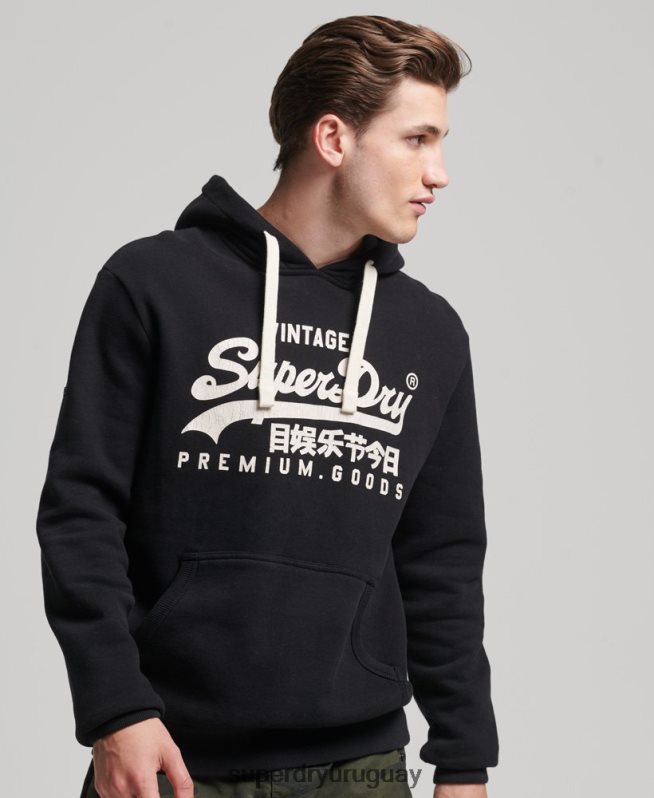 uy Superdry hombres sudadera con capucha y logo vintage negro DT2N8Z5093 ropa