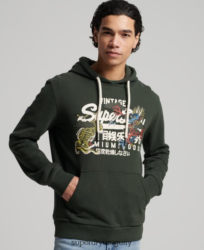uy Superdry hombres sudadera con capucha y logo vintage sin cepillar verde DT2N8Z884 ropa