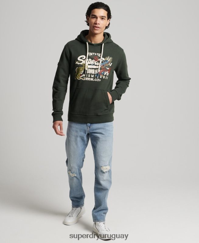 uy Superdry hombres sudadera con capucha y logo vintage sin cepillar verde DT2N8Z884 ropa