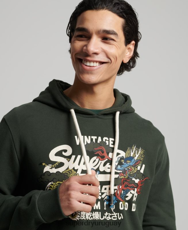 uy Superdry hombres sudadera con capucha y logo vintage sin cepillar verde DT2N8Z884 ropa