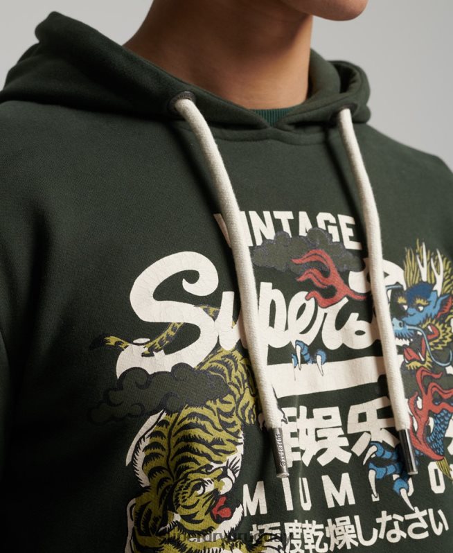 uy Superdry hombres sudadera con capucha y logo vintage sin cepillar verde DT2N8Z884 ropa