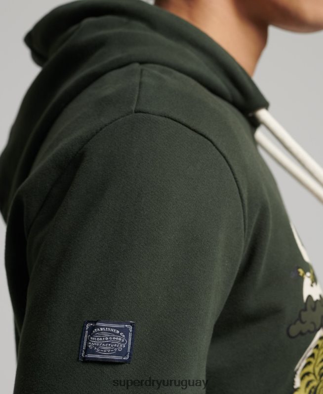 uy Superdry hombres sudadera con capucha y logo vintage sin cepillar verde DT2N8Z884 ropa