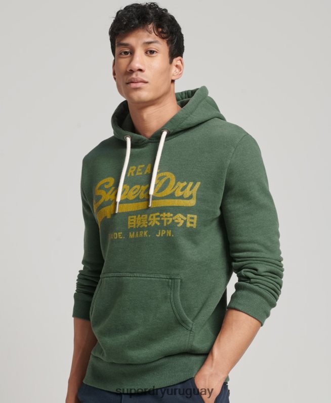 uy Superdry hombres sudadera con capucha y logo vintage verde DT2N8Z484 ropa
