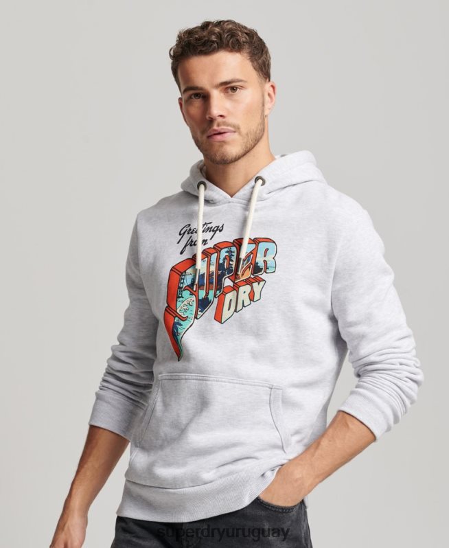 uy Superdry hombres sudadera con capucha y pegatina de viaje gris claro DT2N8Z720 ropa