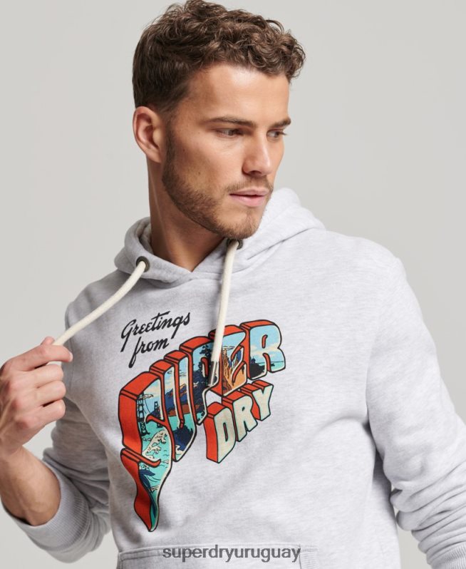 uy Superdry hombres sudadera con capucha y pegatina de viaje gris claro DT2N8Z720 ropa