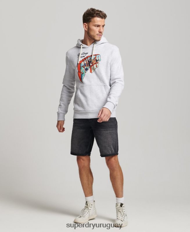 uy Superdry hombres sudadera con capucha y pegatina de viaje gris claro DT2N8Z720 ropa
