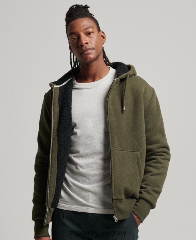 uy Superdry hombres sudadera con cremallera y forro de borreguito esencial caqui DT2N8Z4990 ropa