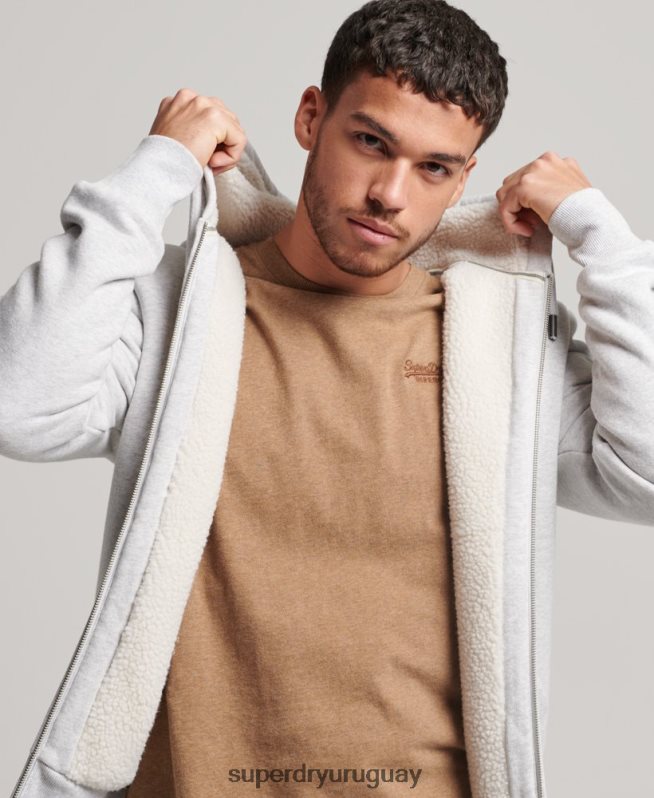 uy Superdry hombres sudadera con cremallera y forro de borreguito esencial gris claro DT2N8Z534 ropa