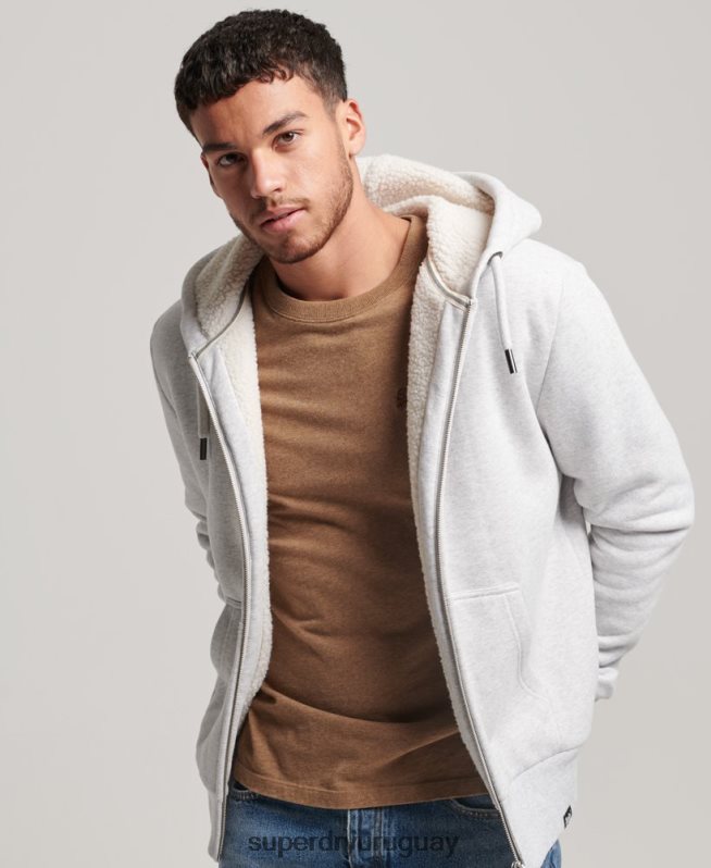 uy Superdry hombres sudadera con cremallera y forro de borreguito esencial gris claro DT2N8Z534 ropa