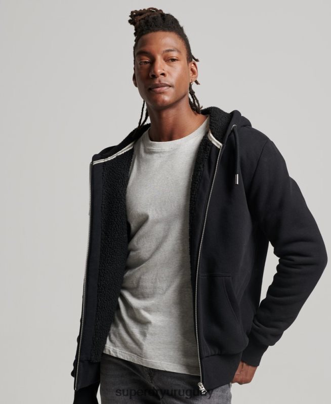 uy Superdry hombres sudadera con cremallera y forro de borreguito esencial negro DT2N8Z639 ropa