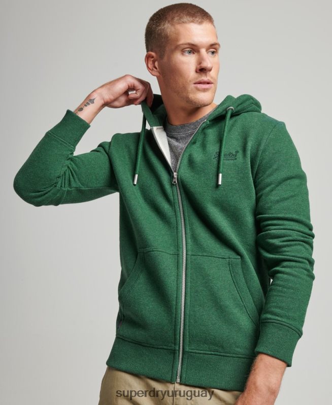 uy Superdry hombres sudadera con cremallera y logo bordado verde DT2N8Z465 ropa