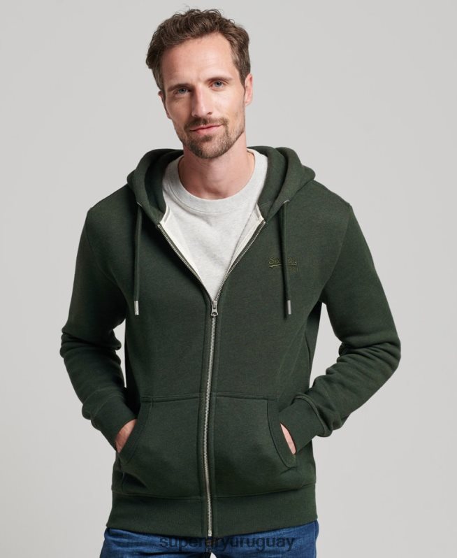 uy Superdry hombres sudadera con cremallera y logo bordado verde DT2N8Z487 ropa