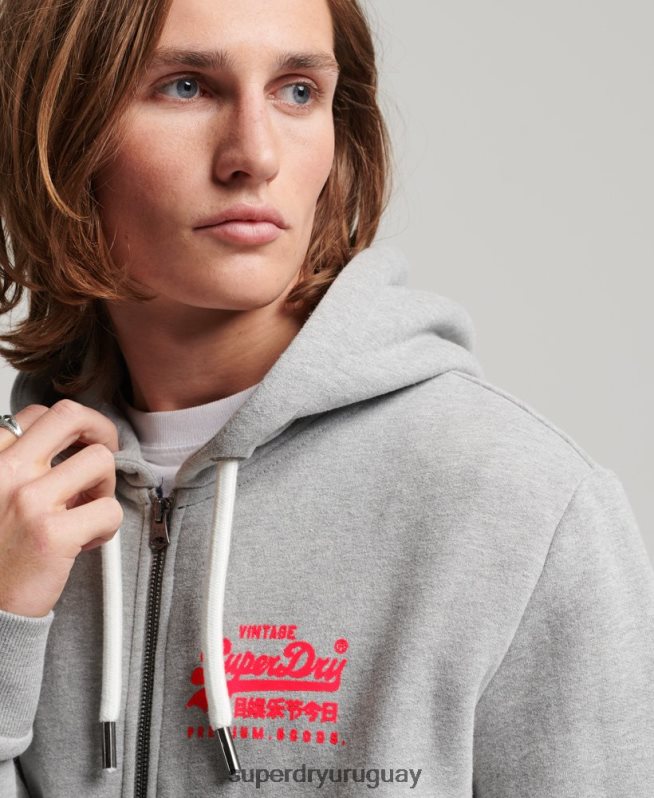 uy Superdry hombres sudadera con cremallera y logo vintage gris DT2N8Z489 ropa