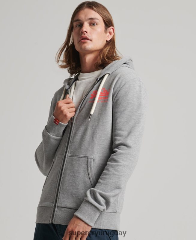 uy Superdry hombres sudadera con cremallera y logo vintage sin cepillar gris DT2N8Z539 ropa