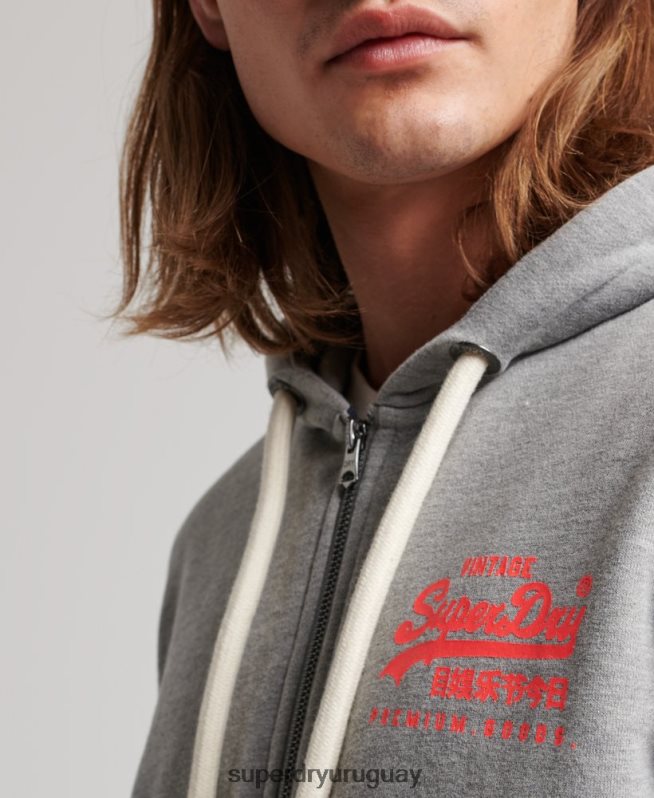 uy Superdry hombres sudadera con cremallera y logo vintage sin cepillar gris DT2N8Z539 ropa