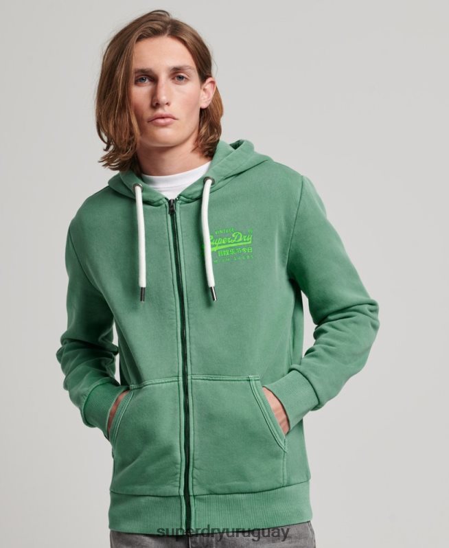 uy Superdry hombres sudadera con cremallera y logo vintage verde DT2N8Z462 ropa