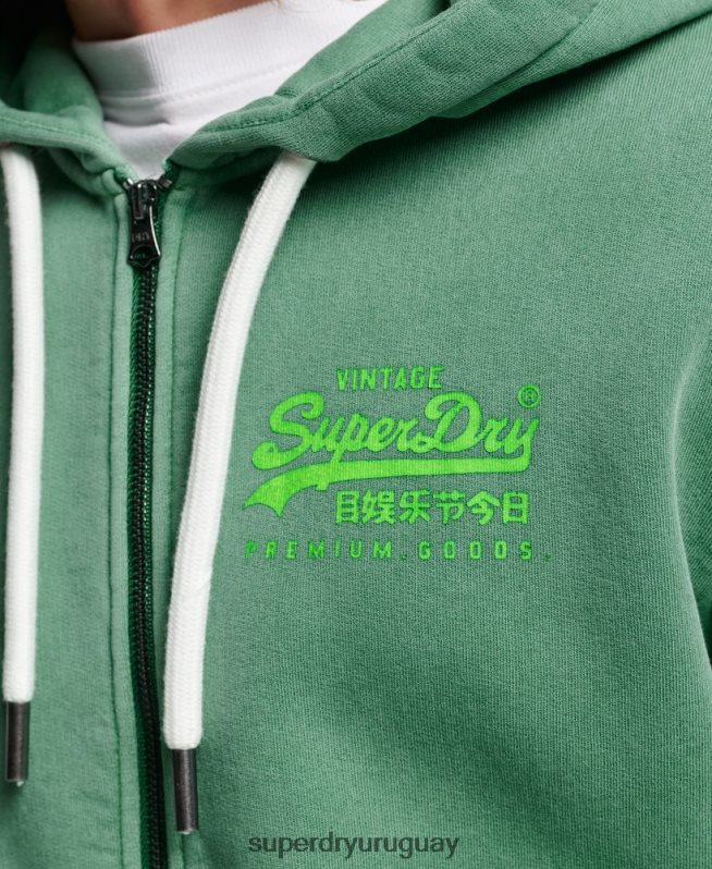 uy Superdry hombres sudadera con cremallera y logo vintage verde DT2N8Z462 ropa