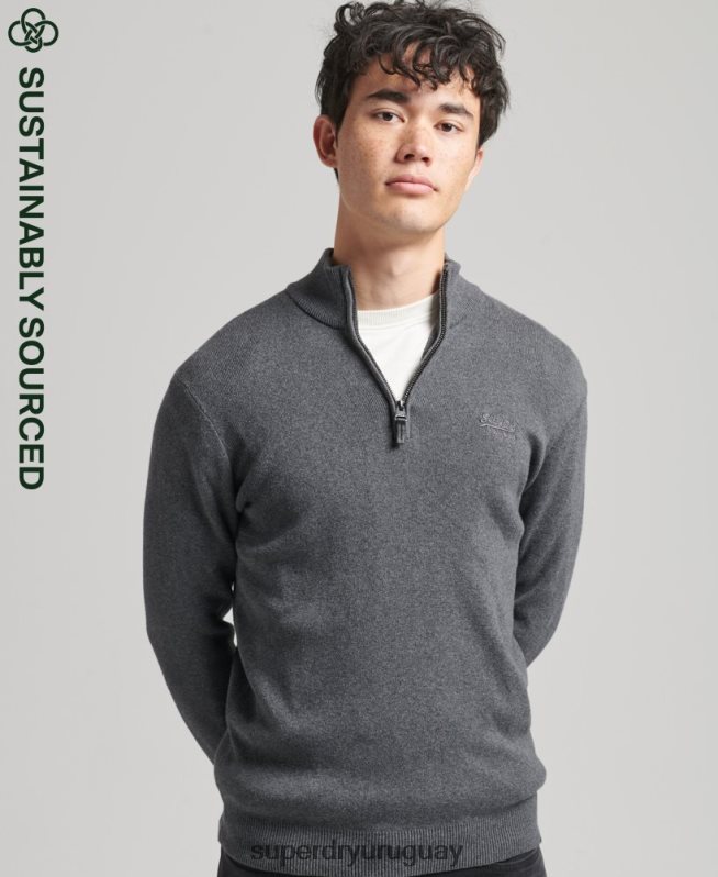 uy Superdry hombres sudadera con cuello henley bordado de algodón orgánico gris DT2N8Z6456 ropa
