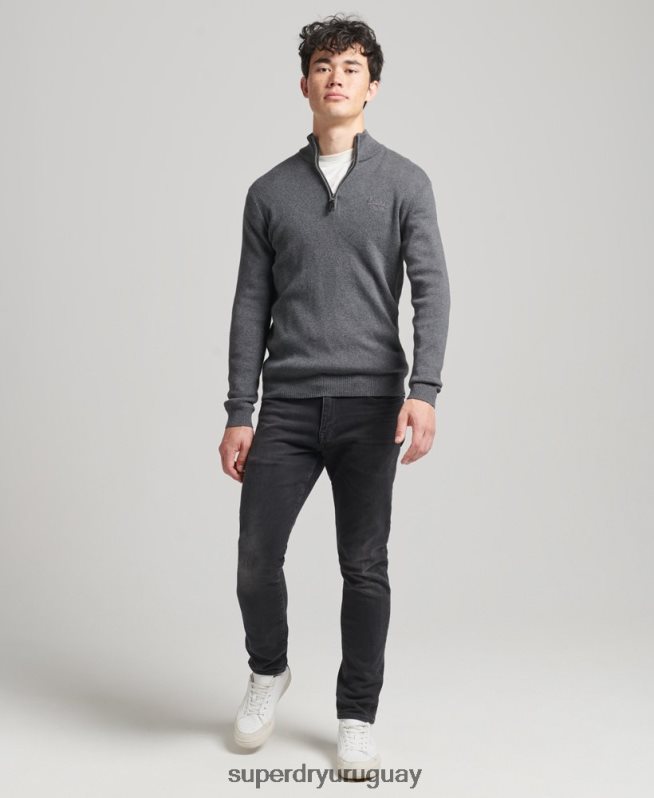 uy Superdry hombres sudadera con cuello henley bordado de algodón orgánico gris DT2N8Z6456 ropa