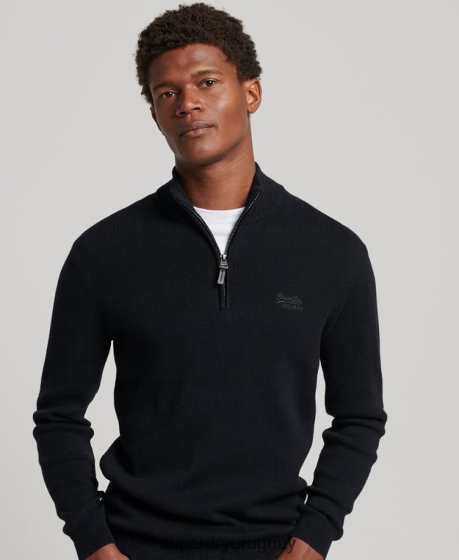 uy Superdry hombres sudadera con cuello henley bordado de algodón orgánico negro DT2N8Z5256 ropa