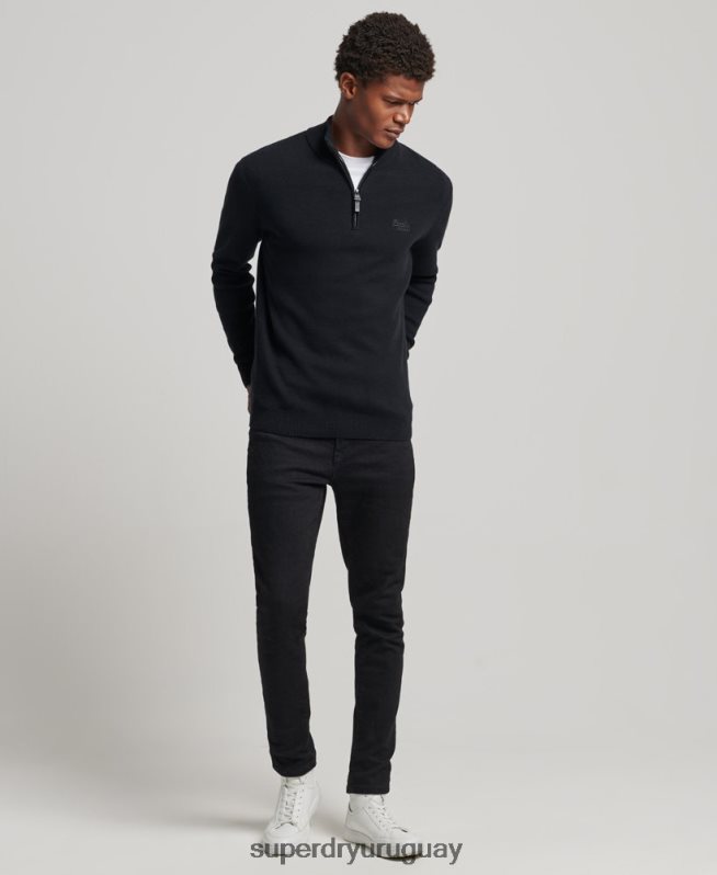 uy Superdry hombres sudadera con cuello henley bordado de algodón orgánico negro DT2N8Z5256 ropa