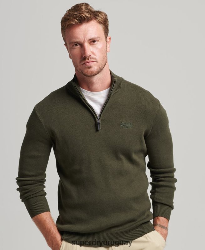 uy Superdry hombres sudadera con cuello henley bordado de algodón orgánico verde DT2N8Z5243 ropa