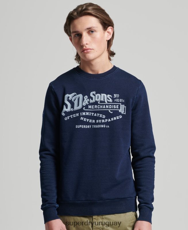 uy Superdry hombres sudadera con cuello redondo índigo estilo script vintage azul oscuro DT2N8Z5185 ropa