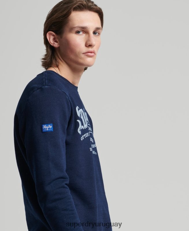 uy Superdry hombres sudadera con cuello redondo índigo estilo script vintage azul oscuro DT2N8Z5185 ropa