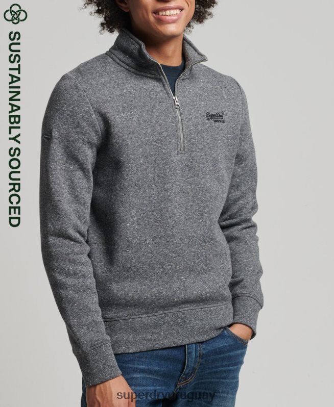 uy Superdry hombres sudadera con cuello tunecino y cremallera con logo vintage de algodón orgánico gris oscuro DT2N8Z5105 ropa