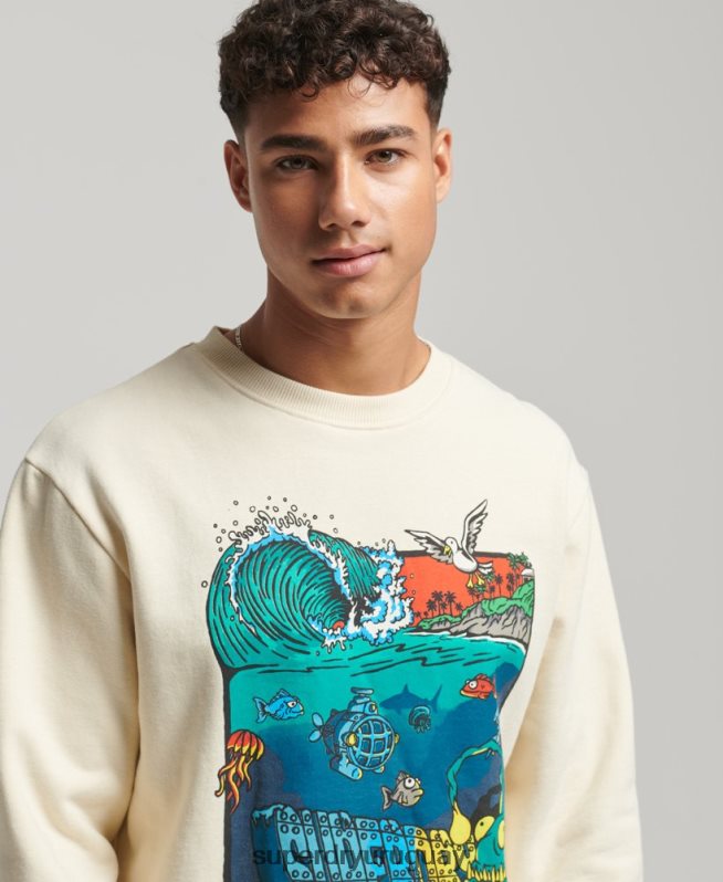 uy Superdry hombres sudadera con estampado de criaturas crema DT2N8Z478 ropa