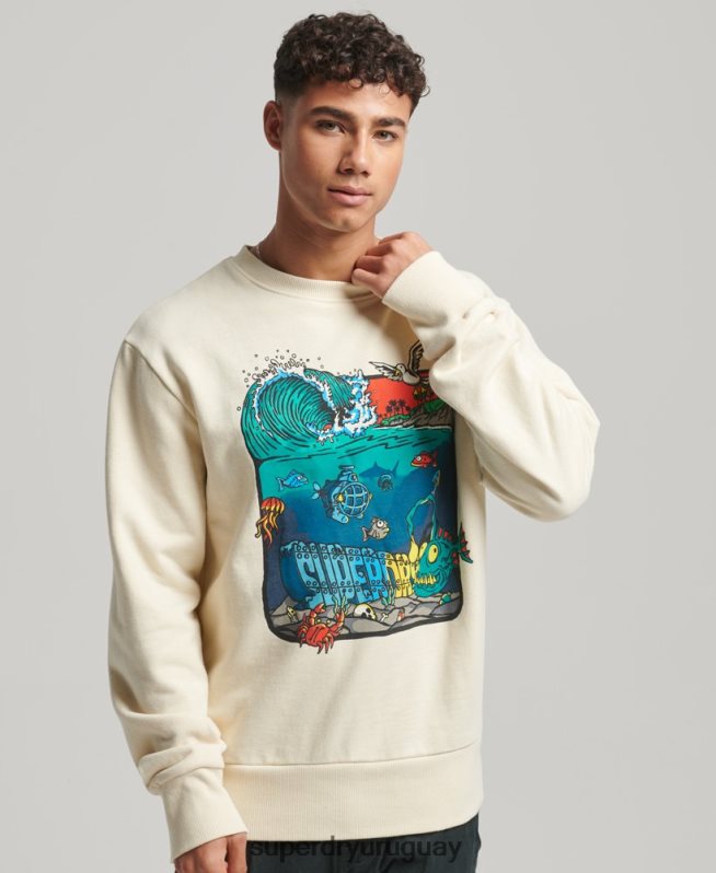 uy Superdry hombres sudadera con estampado de criaturas crema DT2N8Z478 ropa