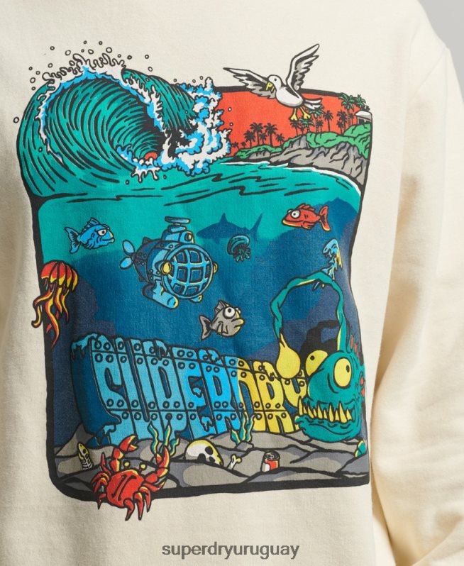 uy Superdry hombres sudadera con estampado de criaturas crema DT2N8Z478 ropa