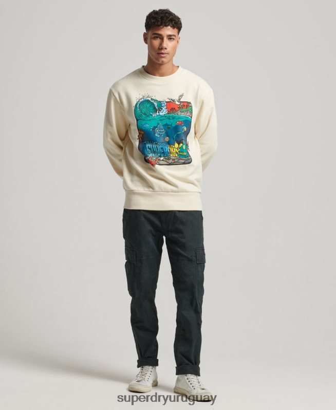uy Superdry hombres sudadera con estampado de criaturas crema DT2N8Z478 ropa
