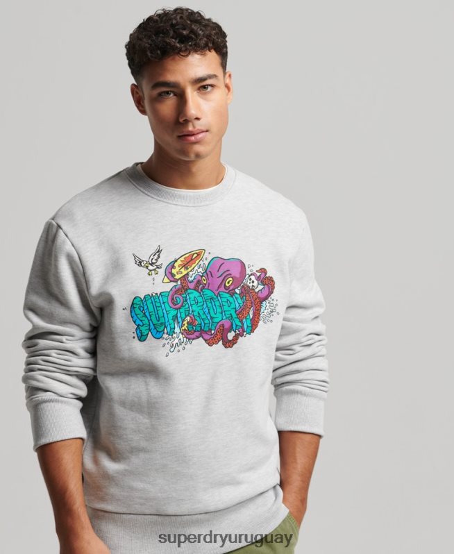 uy Superdry hombres sudadera con estampado de criaturas gris claro DT2N8Z65 ropa