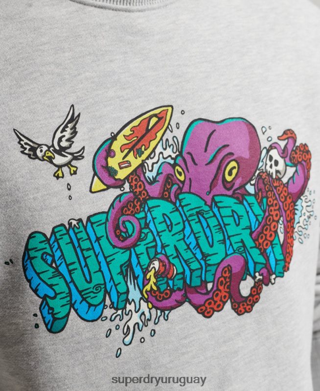 uy Superdry hombres sudadera con estampado de criaturas gris claro DT2N8Z65 ropa