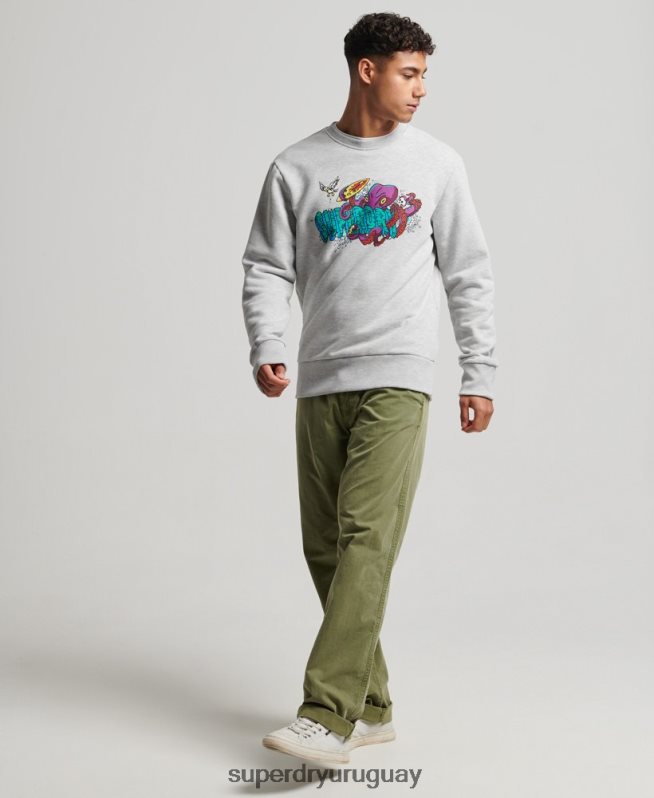 uy Superdry hombres sudadera con estampado de criaturas gris claro DT2N8Z65 ropa