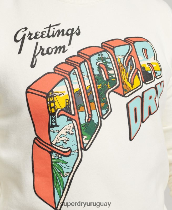 uy Superdry hombres sudadera con gráfico de postal de viaje crema DT2N8Z5141 ropa