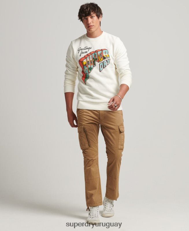 uy Superdry hombres sudadera con gráfico de postal de viaje crema DT2N8Z5141 ropa