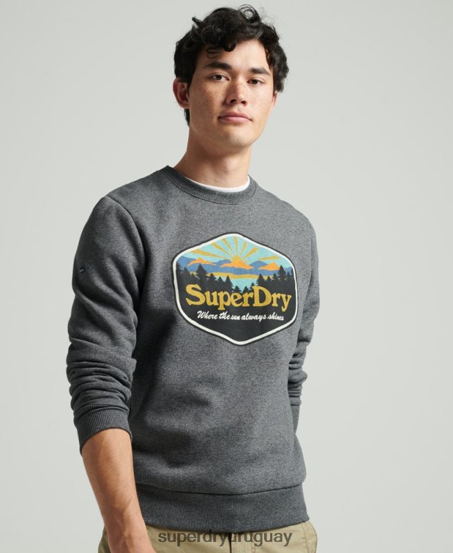 uy Superdry hombres sudadera con gráfico de postal de viaje gris oscuro DT2N8Z4993 ropa