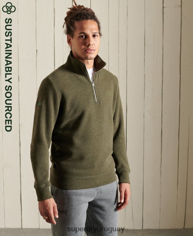 uy Superdry hombres sudadera henley con cremallera y logo bordado caqui DT2N8Z5033 ropa