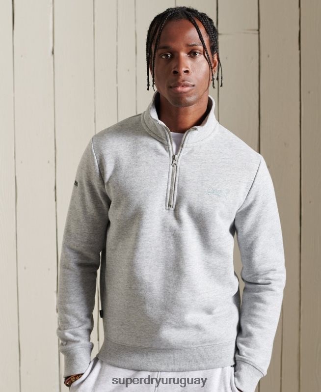 uy Superdry hombres sudadera henley con cremallera y logo bordado gris DT2N8Z779 ropa