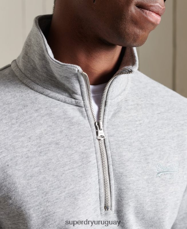 uy Superdry hombres sudadera henley con cremallera y logo bordado gris DT2N8Z779 ropa