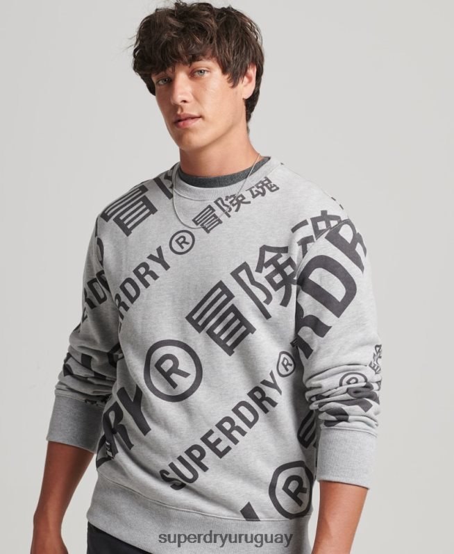 uy Superdry hombres sudadera holgada con cuello redondo y logo estampado gris DT2N8Z741 ropa