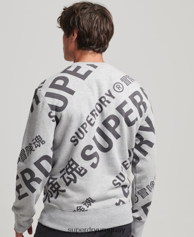 uy Superdry hombres sudadera holgada con cuello redondo y logo estampado gris DT2N8Z741 ropa